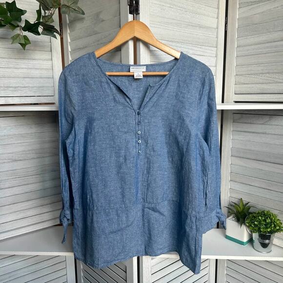 Liz Claiborne Tops - Liz Claiborne Women's Blue Linen Blend Tie Sleeve Cottagecore Blouse Small
